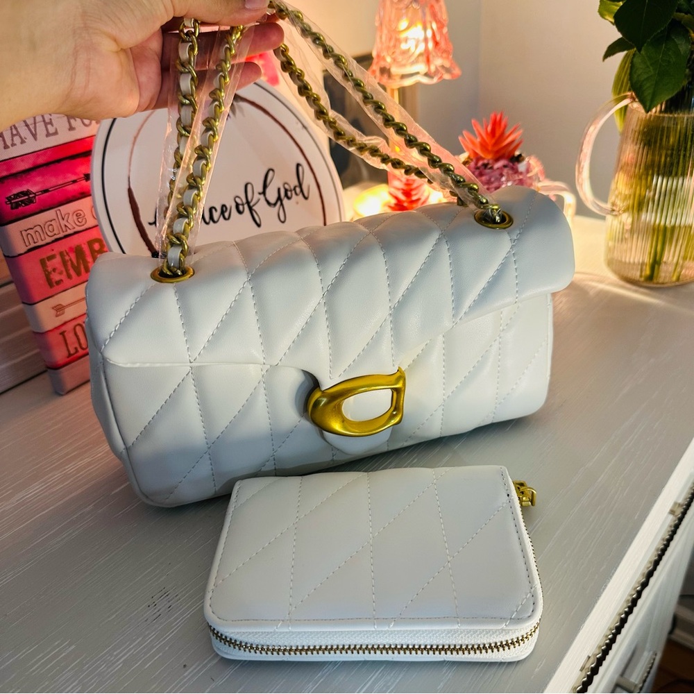 2 in 1 Classic Fashion Quilted White Shoulder Bag with Gold Chain and Clasp